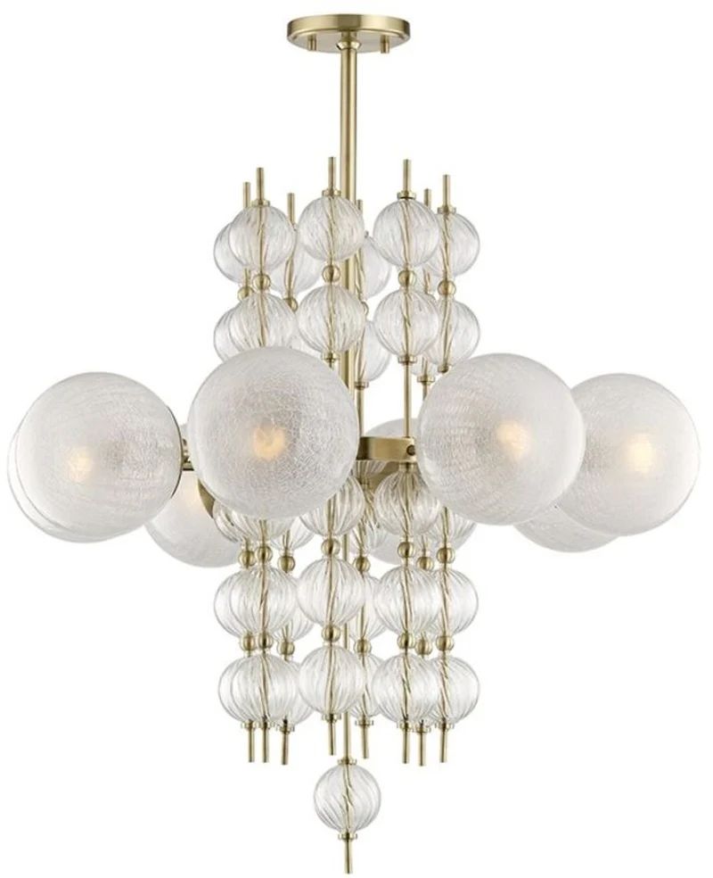 Casa Padrino Luxus Kronleuchter Antik Messing Ø 85 x H. 82,5 cm - Moderner Metall Kronleuchter mit geriffelten spiralförmigen Hohlglaskugeln und kugelförmigen Glas Lampenschirmen