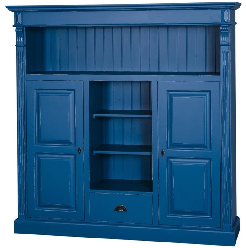 Casa Padrino Landhausstil Bücherschrank Antik Blau 60 x 36 x H. 100 cm - Massivholz Schrank mit 2 Türen und Schublade - Wohnzimmerschrank - Landhausstil Möbel
