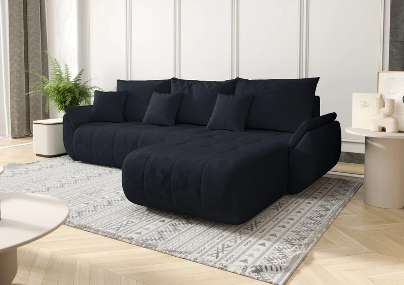 Ecksofa mit Schlaffunktion Romuldi, L-förmig, rechtsseitig, mit Stauraum, anthrazitfarbener, hydrophober Samtstoff