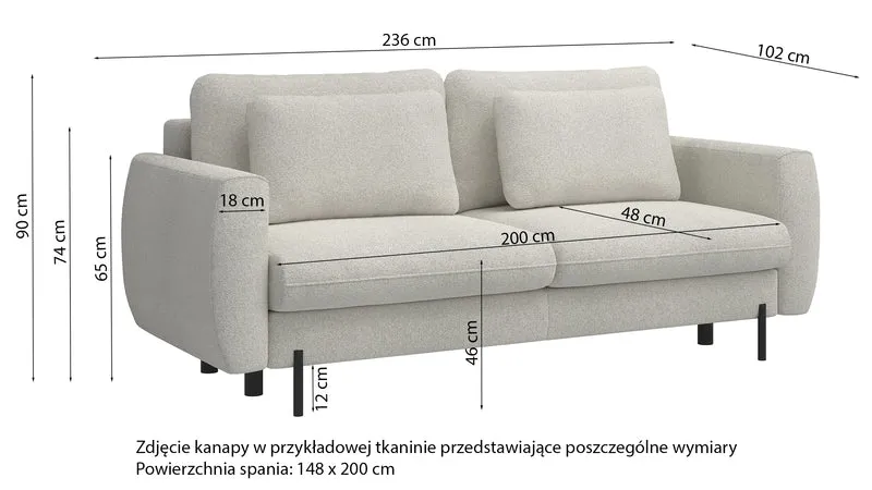 Dreisitziges ausklappbares Sofa Rane mit Stauraum, grauer hydrophober Chenille-Stoff