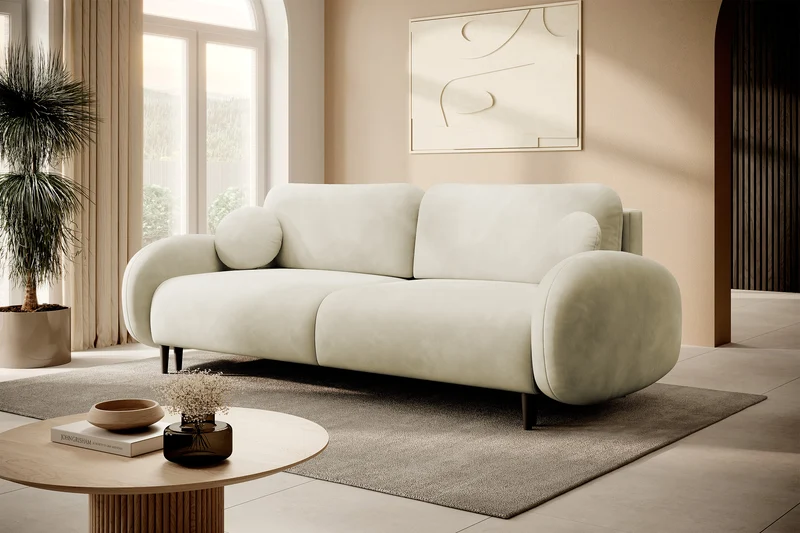 Ausklappbare Bafra Couch mit Schlaffunktion und Bettkasten, cremefarbener Cordstoff