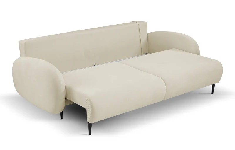 Ausklappbare Bafra Couch mit Schlaffunktion und Bettkasten, cremefarbener Cordstoff