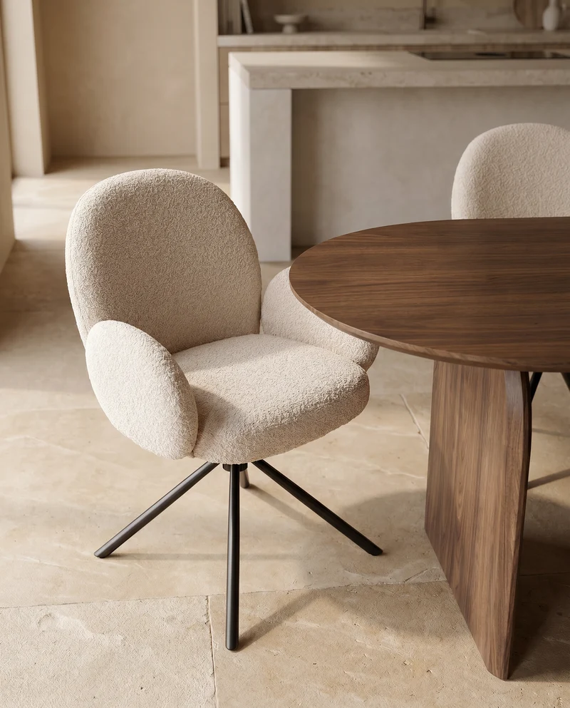 Duno Eetkamerstoel Bouclé Beige – Draaibaar Onderstel – 180° Auto Return