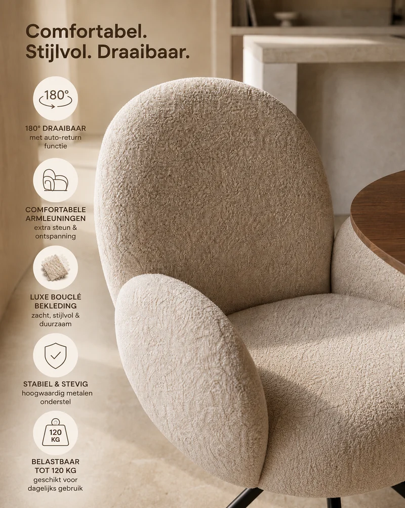 Duno Eetkamerstoel Bouclé Beige – Draaibaar Onderstel – 180° Auto Return