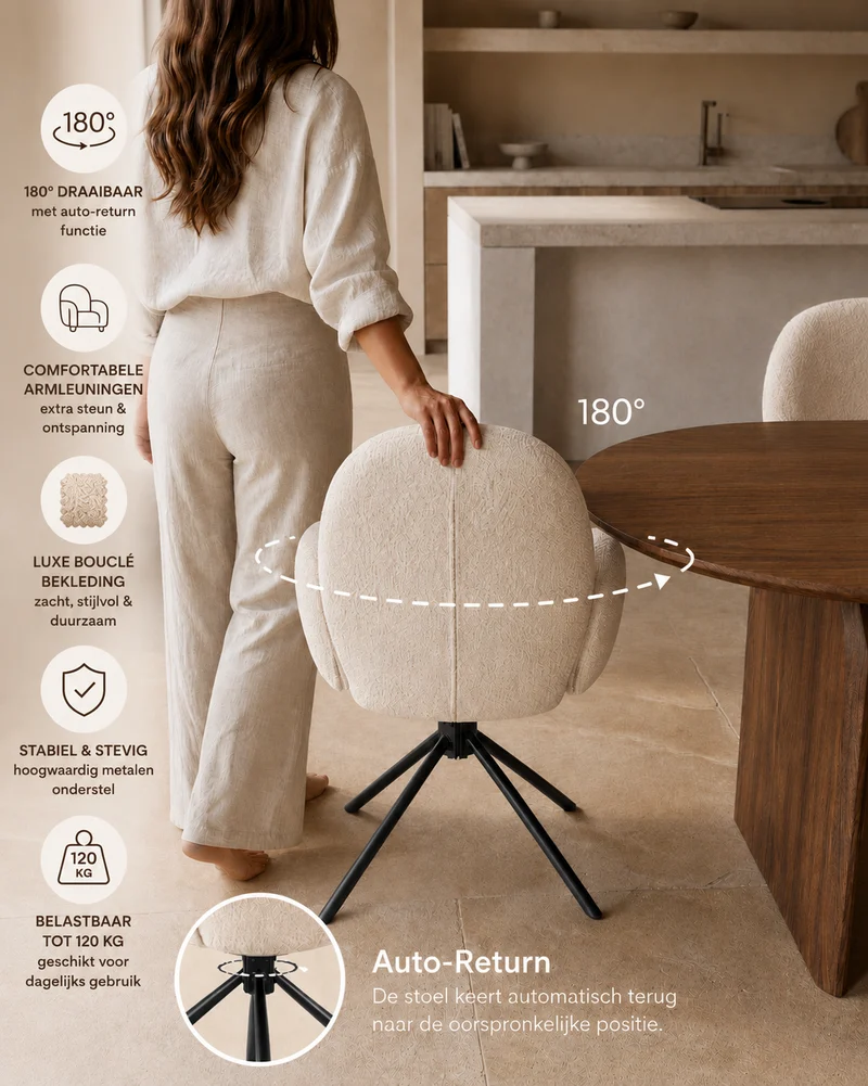 Duno Eetkamerstoel Bouclé Beige – Draaibaar Onderstel – 180° Auto Return