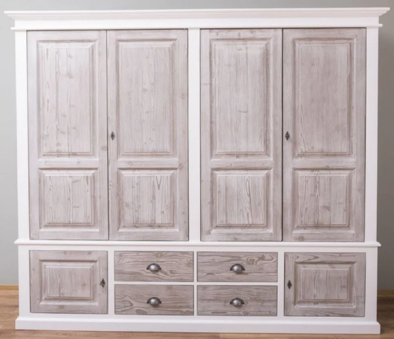 Casa Padrino Landhausstil Schlafzimmerschrank Weiß / Naturfarben 232 x 59 x H. 197 cm - Massivholz Kleiderschrank mit 6 Türen und 4 Schubladen - Massivholz Schlafzimmer Möbel im Landhausstil