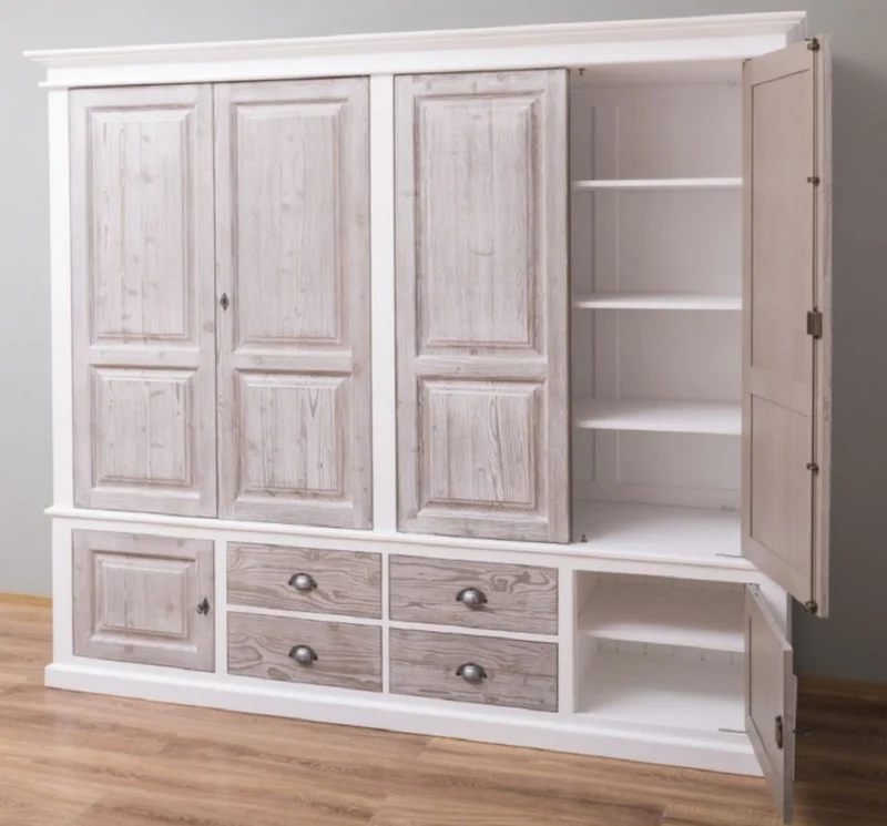 Casa Padrino Landhausstil Schlafzimmerschrank Weiß / Naturfarben 232 x 59 x H. 197 cm - Massivholz Kleiderschrank mit 6 Türen und 4 Schubladen - Massivholz Schlafzimmer Möbel im Landhausstil