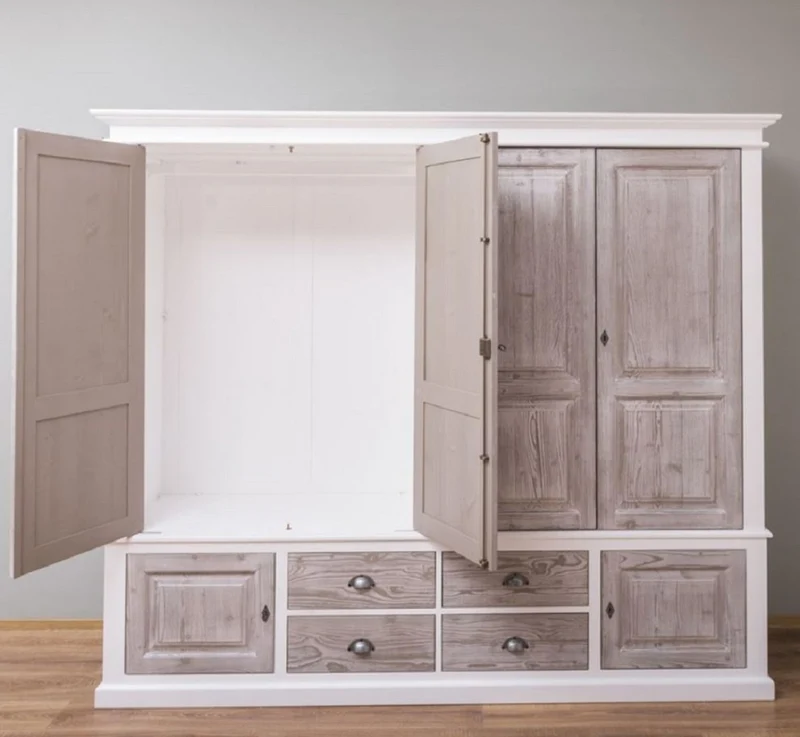 Casa Padrino Landhausstil Schlafzimmerschrank Weiß / Naturfarben 232 x 59 x H. 197 cm - Massivholz Kleiderschrank mit 6 Türen und 4 Schubladen - Massivholz Schlafzimmer Möbel im Landhausstil