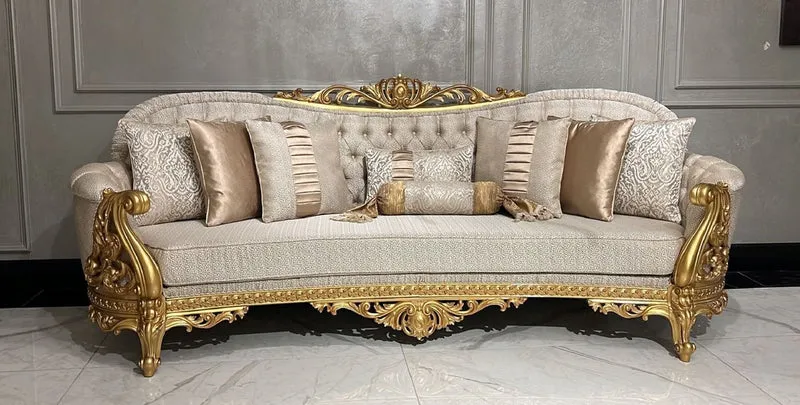 Casa Padrino Luxus Barock Wohnzimmer Sofa Gold Muster / Gold - Prunkvolles Barockstil Sofa - Luxus Wohnzimmer Möbel im Barockstil - Barock Möbel - Edel & Prunkvoll