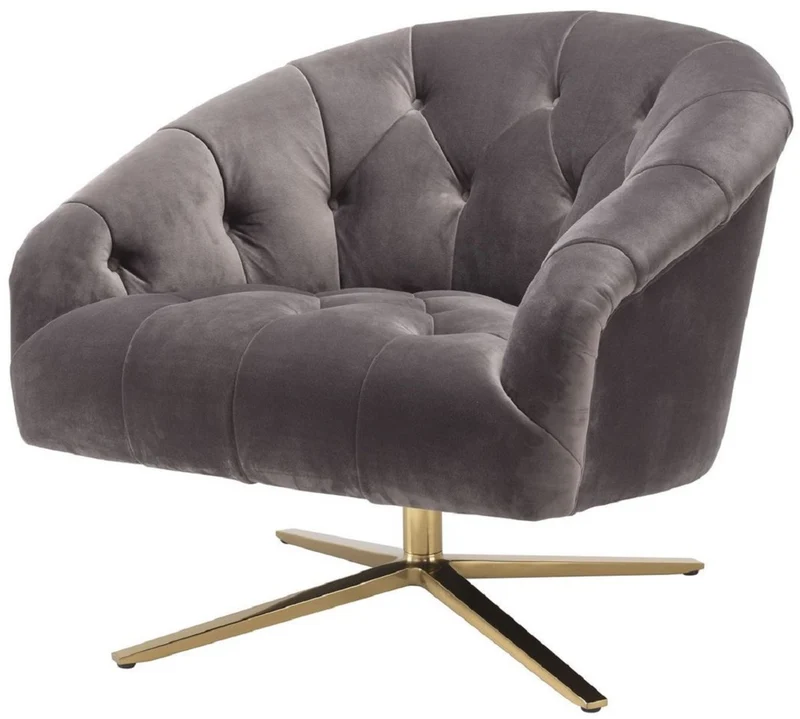 Casa Padrino Luxus Drehsessel Grau / Messingfarben 86 x 87 x H. 74 cm - Wohnzimmer Sessel mit edlem Samtstoff - Luxus Wohnzimmer Möbel