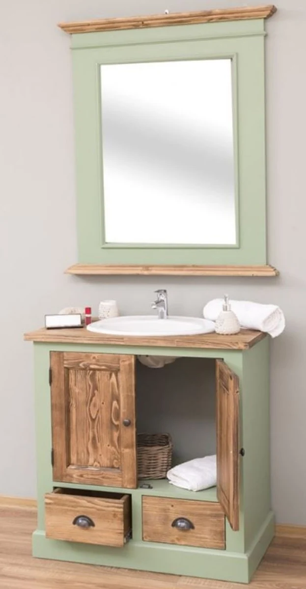 Casa Padrino Landhausstil Badezimmer Set Hellgrün / Braun - 1 Waschtisch & 1 Wandspiegel - Massivholz Badezimmer Möbel im Landhausstil