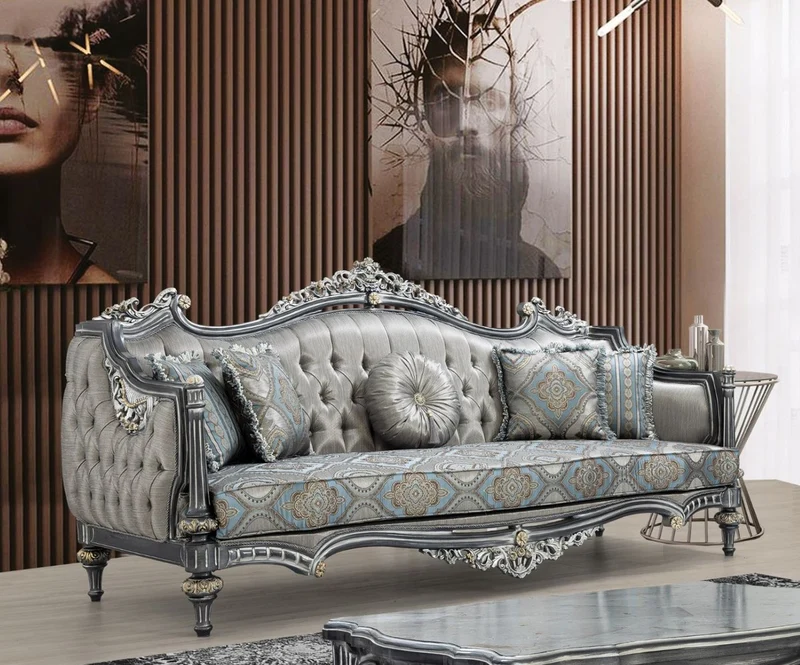 Casa Padrino Luxus Barock Sofa Silber / Türkis / Gold 248 x 96 x H. 118 cm - Prunkvolles Massivholz Wohnzimmer Sofa mit elegantem Muster und dekorativen Kissen - Barock Wohnzimmer Möbel