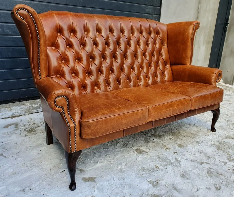 Casa Padrino Luxus Chesterfield Echtleder Hochlehn Ohrensofa Vintage Braun / Dunkelbraun 183 cm - Echtleder Möbel