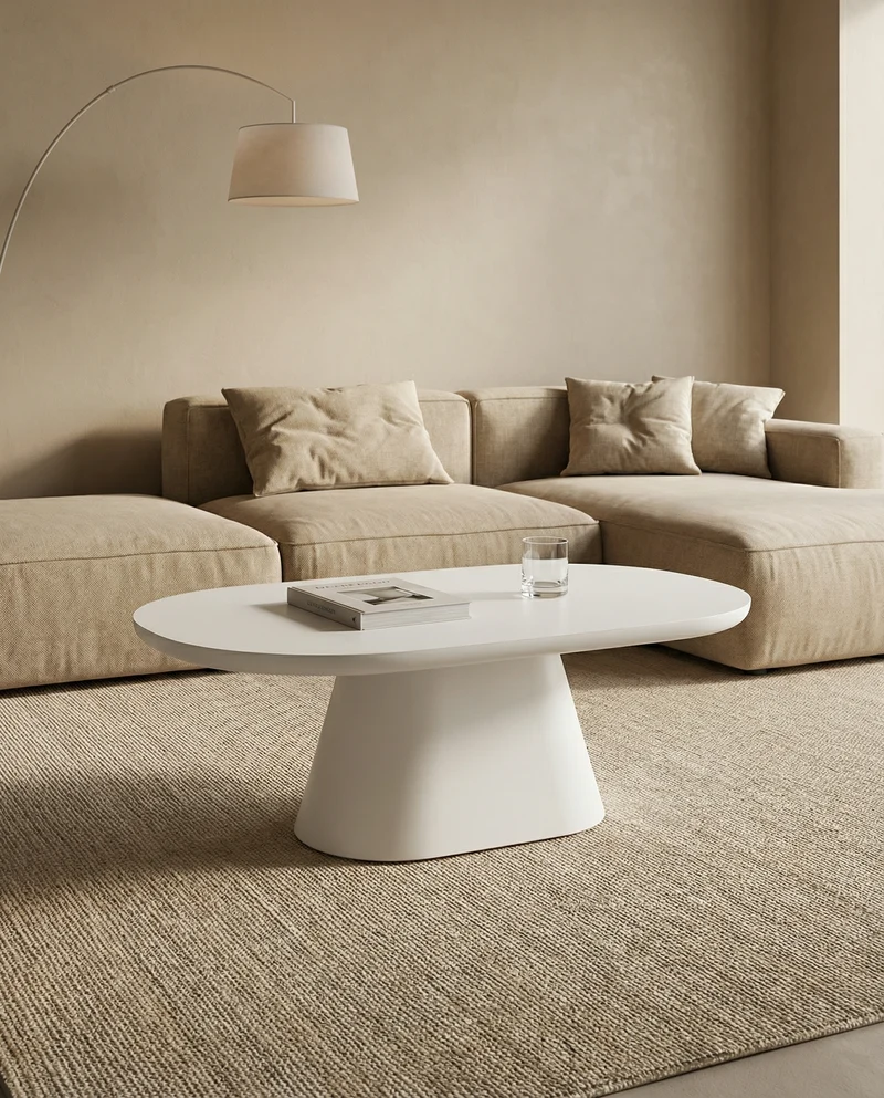 Japandi Salontafel Tess Ovaal Cement Ecru – 40x120x70 cm