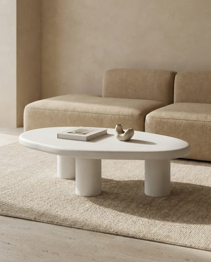 Japandi Salontafel Tess Ovaal Cement Ecru – 40x120x70 cm