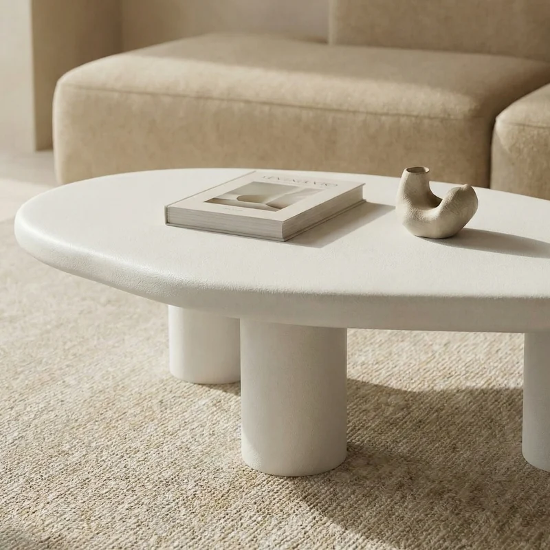 Japandi Salontafel Tess Ovaal Cement Ecru – 40x120x70 cm