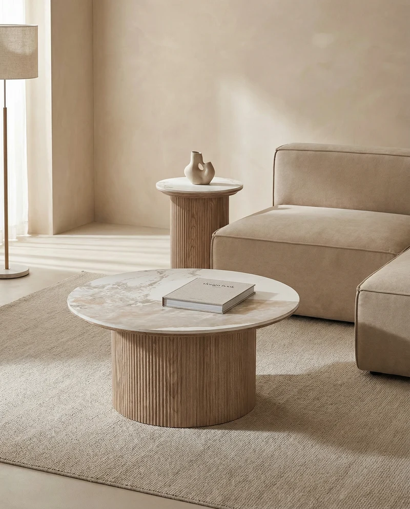 Salontafel Luma Keramisch Tafelblad – Wit / Walnootbruin