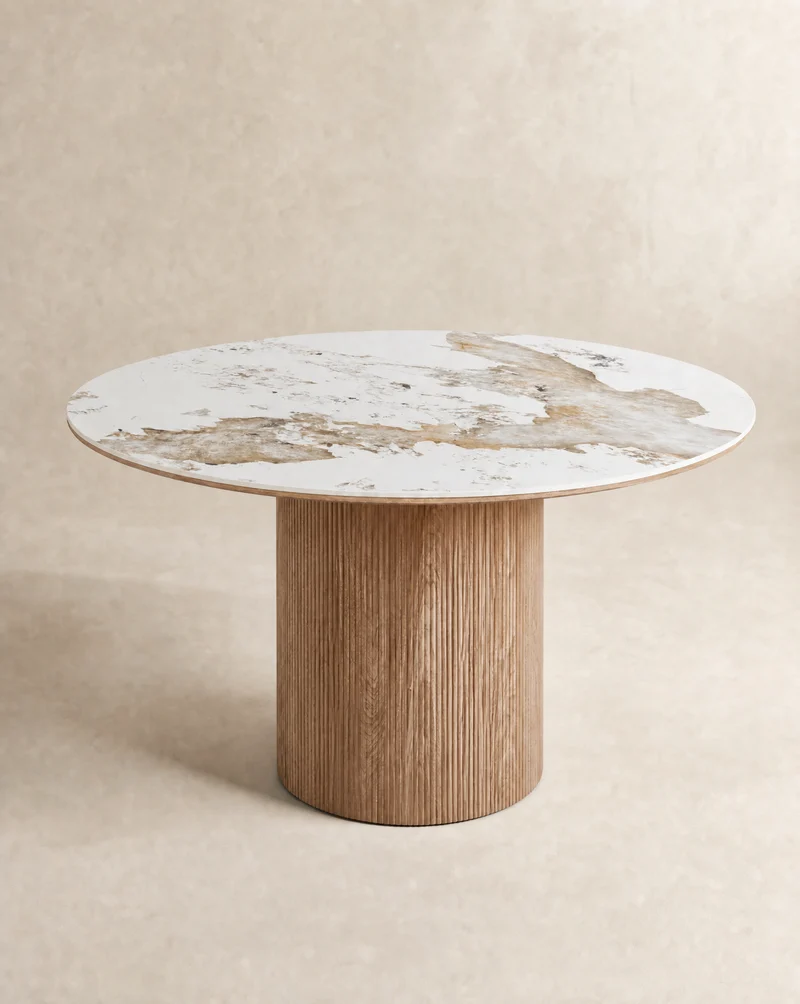 Japandi Eettafel Luma Keramisch Tafelblad Wit/Walnootbruin – Ø140x76 cm