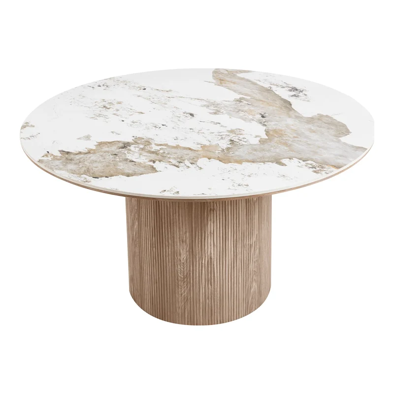 Japandi Eettafel Luma Keramisch Tafelblad Wit/Walnootbruin – Ø140x76 cm