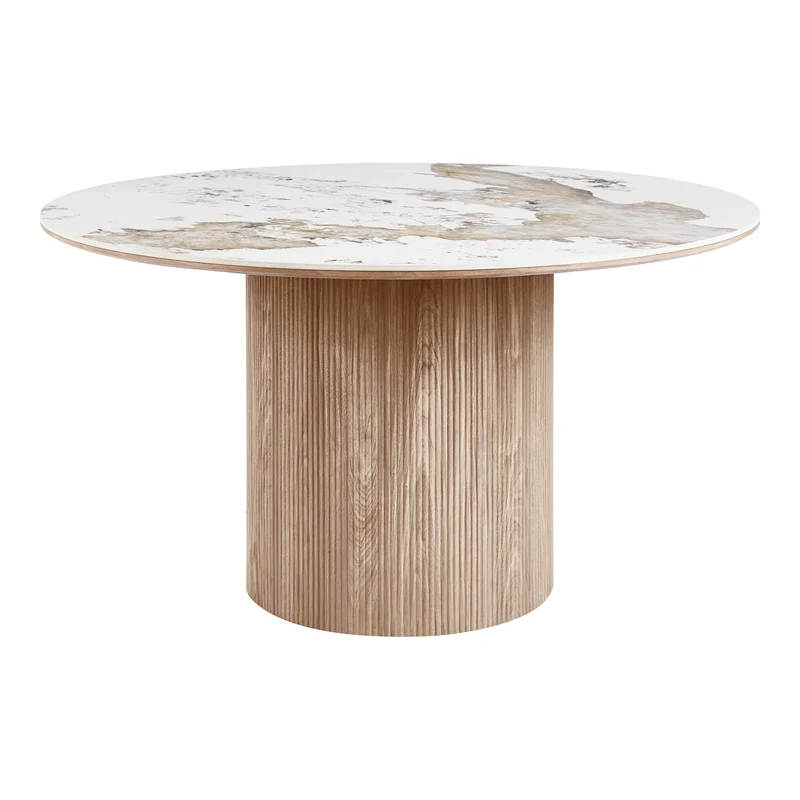 Japandi Eettafel Luma Keramisch Tafelblad Wit/Walnootbruin – Ø140x76 cm