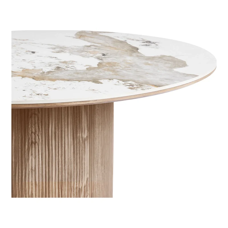Japandi Eettafel Luma Keramisch Tafelblad Wit/Walnootbruin – Ø140x76 cm