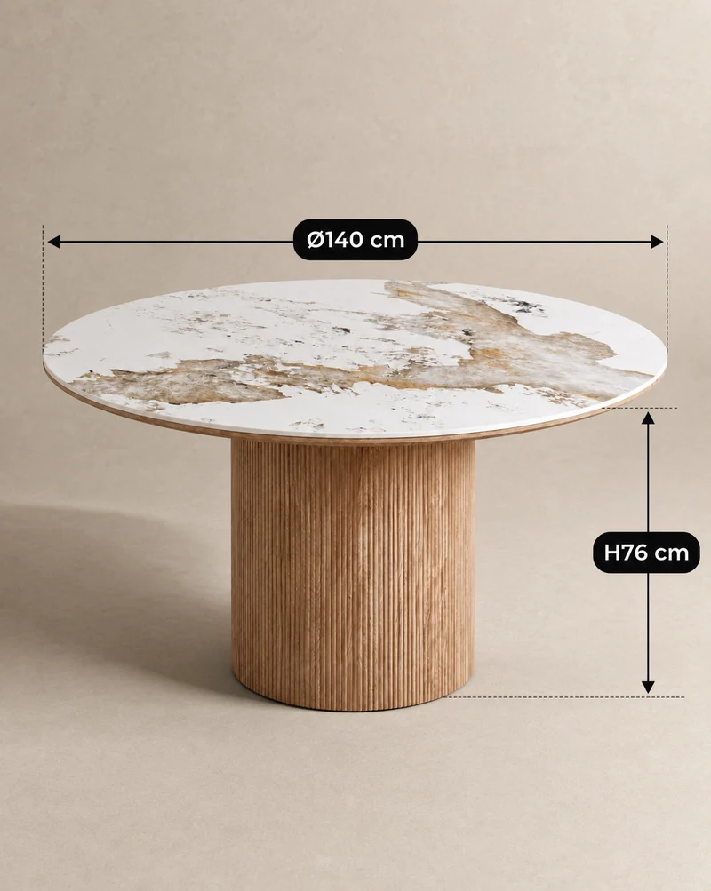 Japandi Eettafel Luma Keramisch Tafelblad Wit/Walnootbruin – Ø140x76 cm