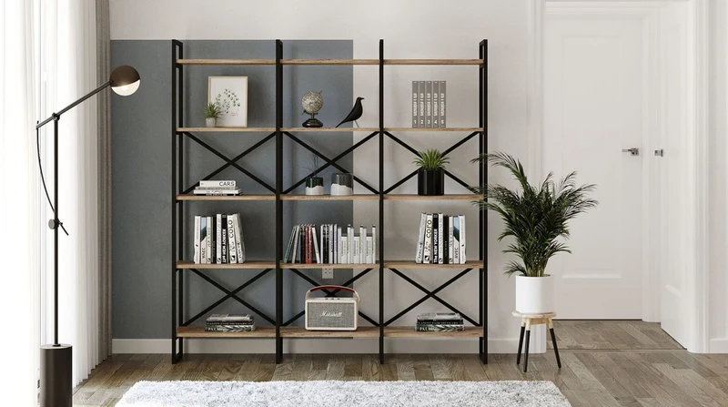 Casa Padrino Luxus Regalschrank mit Massivholz Regalen Schwarz / Naturfarben 170 x 30 x H. 175 cm - Bücherschrank - Wohnzimmer Schrank - Büro Schrank - Wohnzimmer Möbel - Büro Möbel - Luxus Möbel