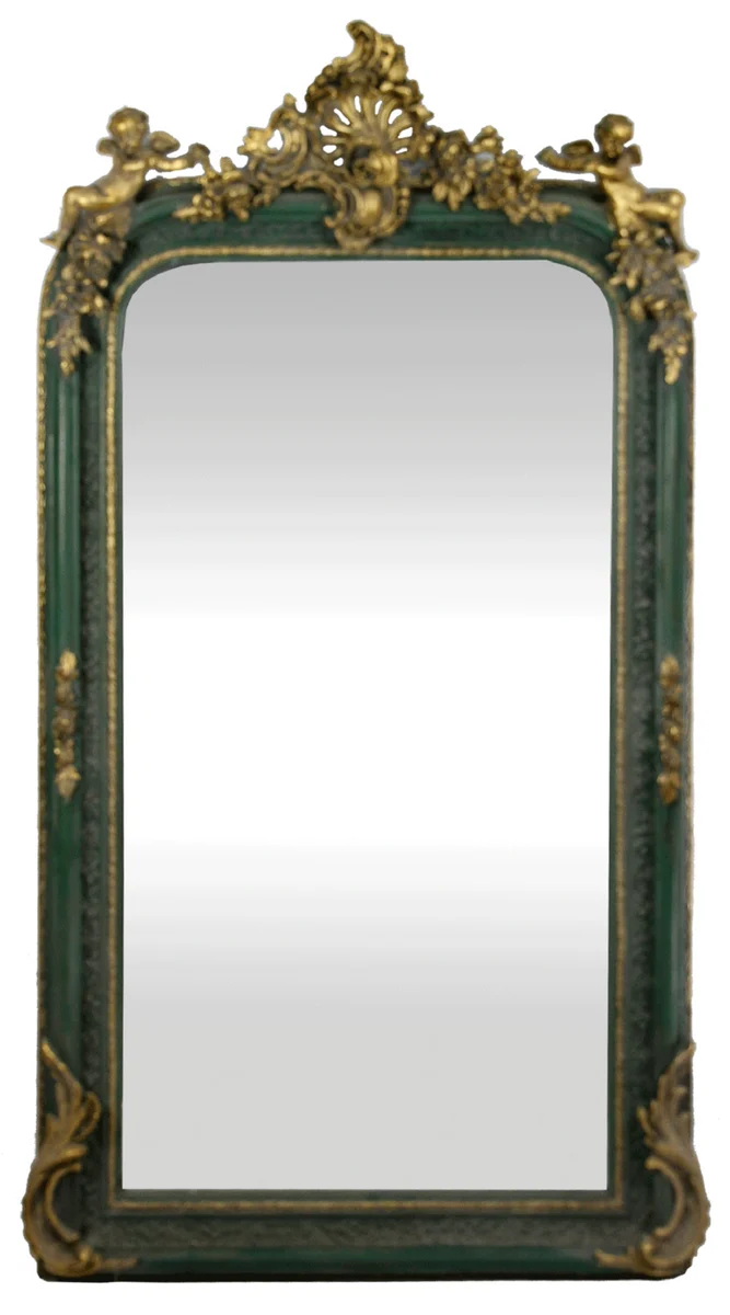 Casa Padrino Barock Wandspiegel Grün / Antik Gold 85 x H. 160 cm - Prunkvoller Barock Spiegel mit wunderschönen Verzierungen und dekorativen Engelsfiguren