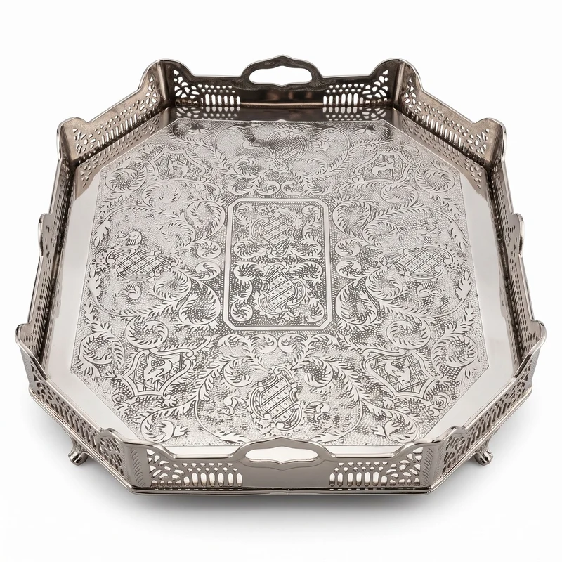 Casa Padrino Luxus Art Deco Tablett aus Messing in Nickel Finish 52 x 42 x H. 8 cm - Limited Edition