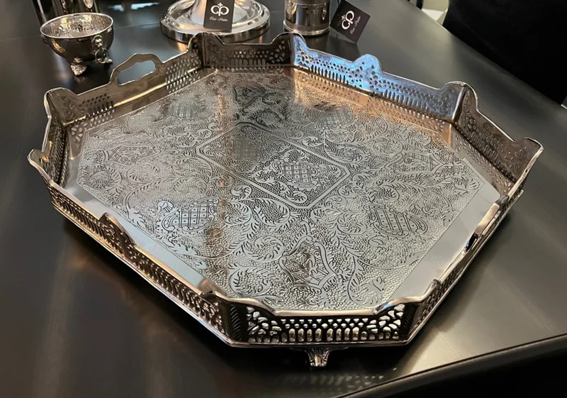Casa Padrino Luxus Art Deco Tablett aus Messing in Nickel Finish 52 x 42 x H. 8 cm - Limited Edition
