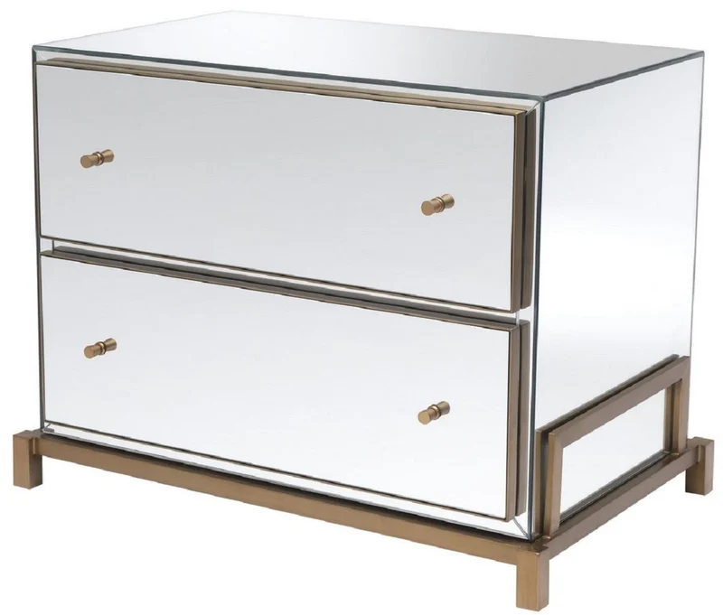 Casa Padrino Luxus Spiegelglas Nachttisch Messingfarben 81,5 x 52 x H. 62 cm - Verspiegelte Nachtkommode mit 2 Schubladen - Schlafzimmer Möbel