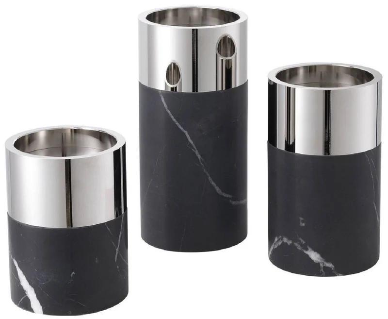 Casa Padrino Luxus Kerzenhalter Set Schwarz / Silber - 3 runde Marmor Kerzenhalter - Luxus Qualität - Deko Accessoires
