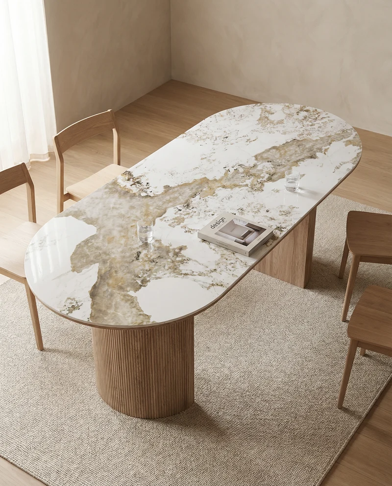 Japandi Eettafel Keramisch Tafelblad Wit/Walnootbruin – 100x210x76 cm