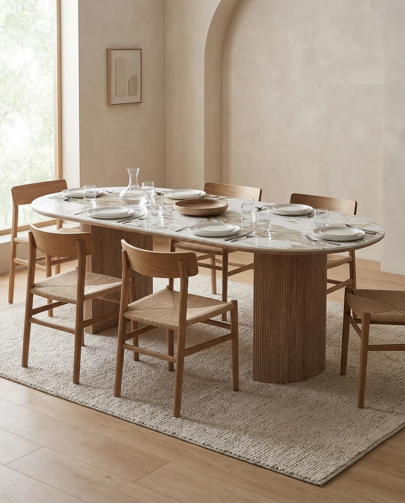Japandi Eettafel Keramisch Tafelblad Wit/Walnootbruin – 100x210x76 cm