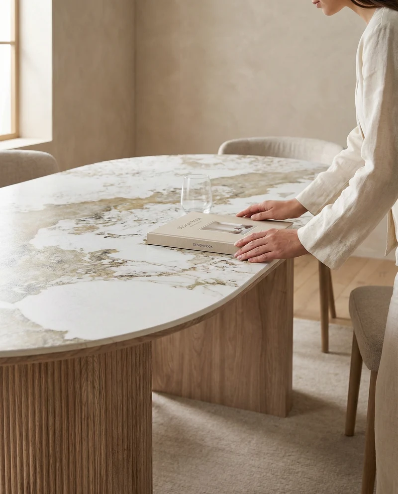 Japandi Eettafel Keramisch Tafelblad Wit/Walnootbruin – 100x210x76 cm