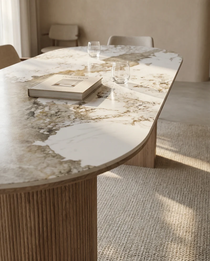 Japandi Eettafel Keramisch Tafelblad Wit/Walnootbruin – 100x210x76 cm