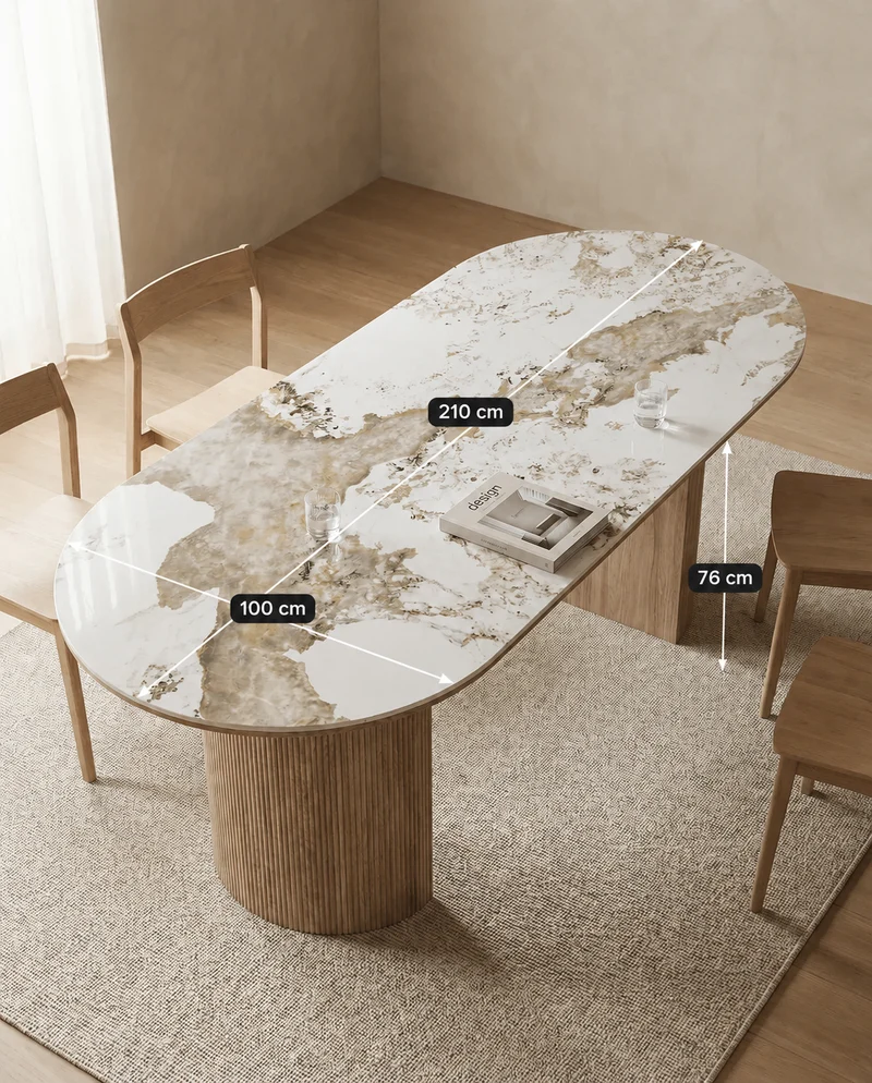 Japandi Eettafel Keramisch Tafelblad Wit/Walnootbruin – 100x210x76 cm