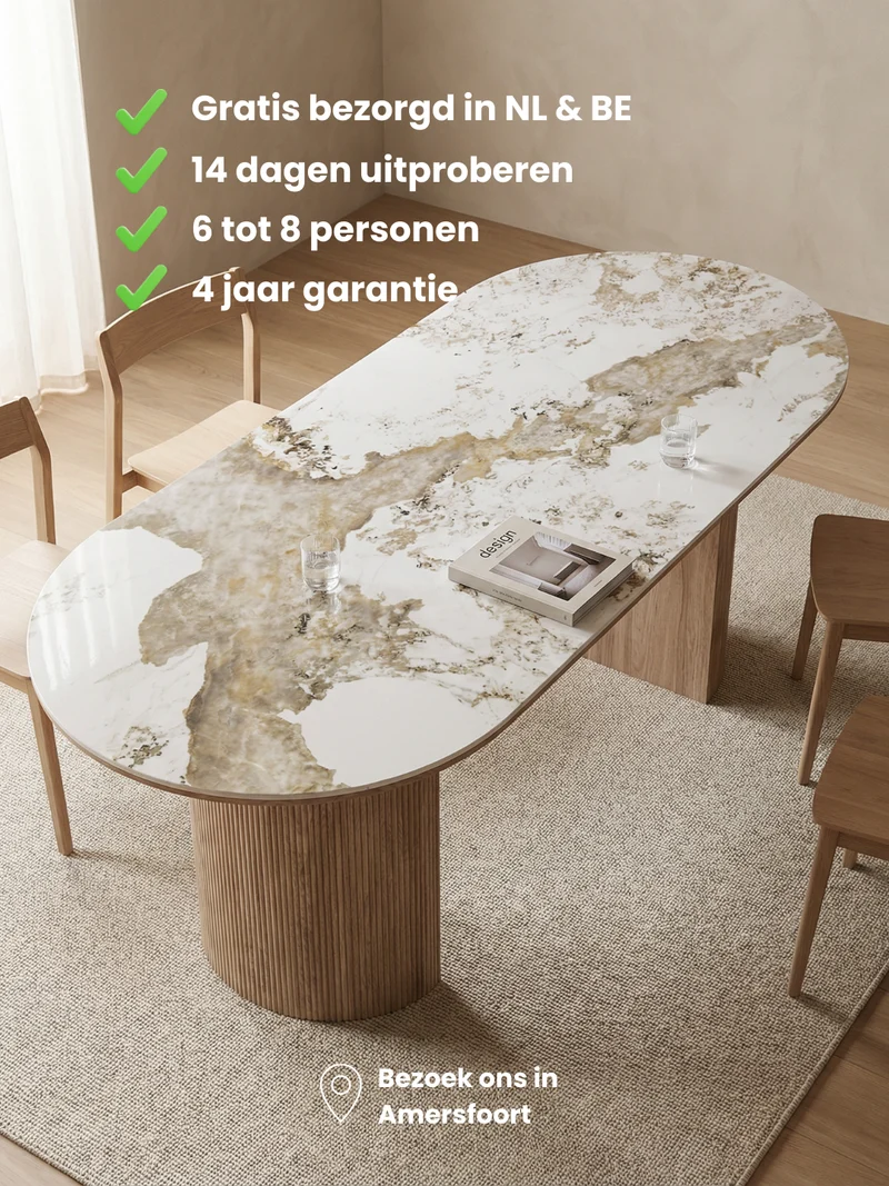 Japandi Eettafel Keramisch Tafelblad Wit/Walnootbruin – 100x210x76 cm