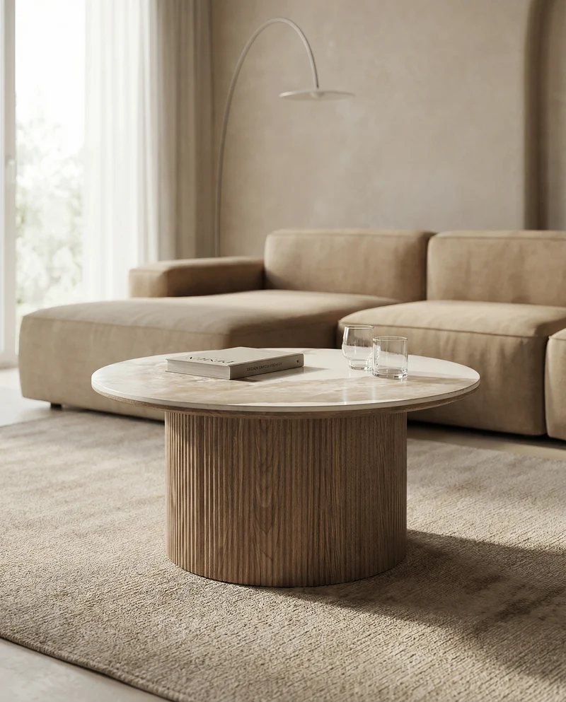 Salontafel Luma Keramisch Tafelblad – Wit / Walnootbruin