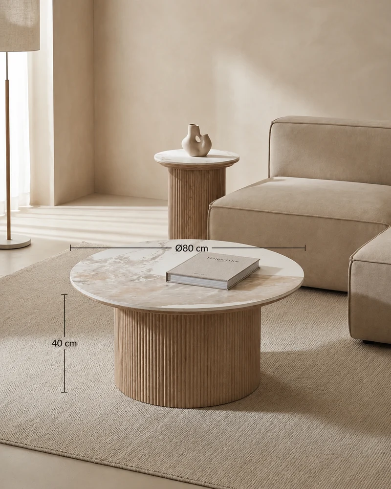 Salontafel Luma Keramisch Tafelblad – Wit / Walnootbruin
