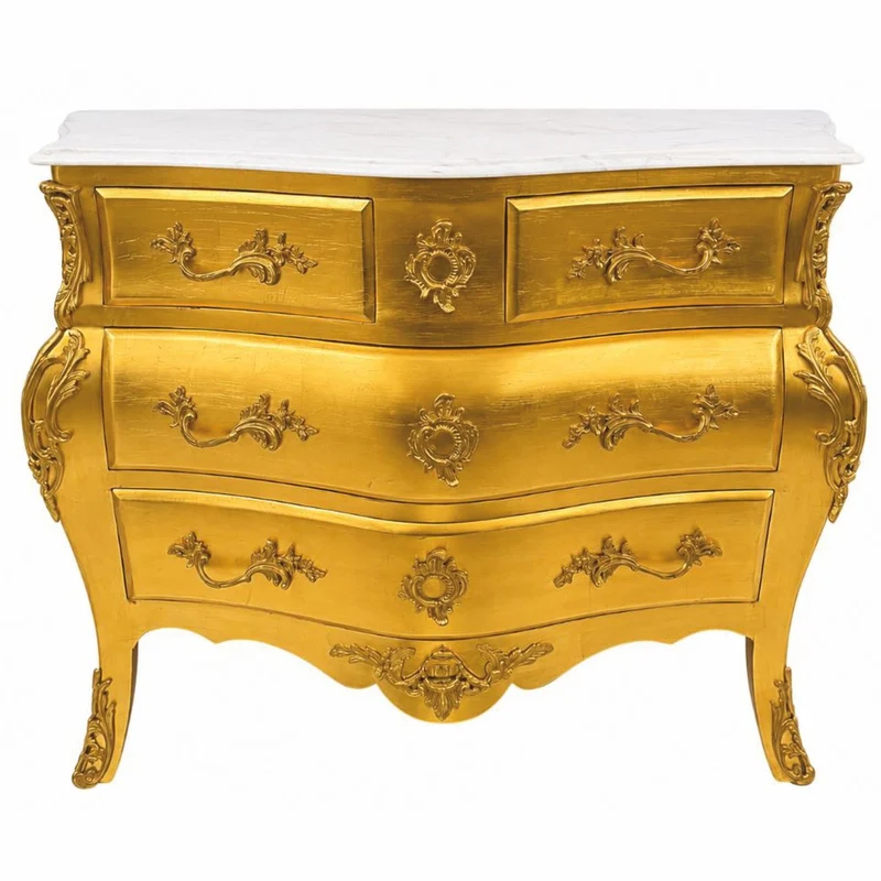 Casa Padrino Barock Kommode mit 4 Schubladen und Marmorplatte Gold / Weiß 120 cm - Prunkvolle Barock Möbel - Barockstil Möbel