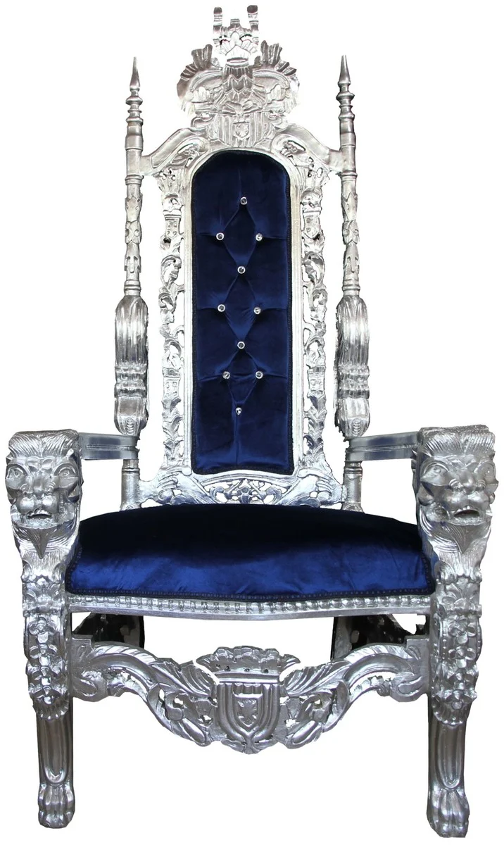 Casa Padrino Barock Thron Sessel Silber / Blau mit Bling Bling Glitzersteinen Königssessel - Hochzeitssessel - Riesensessel