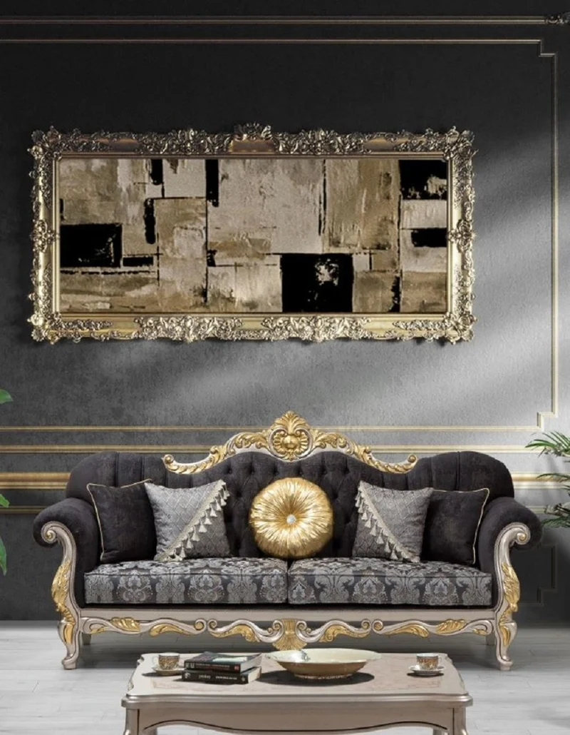 Casa Padrino Luxus Barock Wohnzimmer Set Schwarz / Silber / Gold - 2 Sofas & 2 Sessel & 1 Couchtisch - Wohnzimmer Möbel im Barockstil - Edel & Prunkvoll