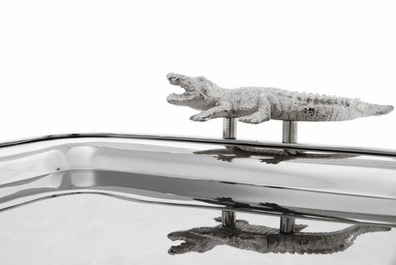 Casa Padrino Luxus Designer Krokodil Tablett Silber 51 x 38 x H. 6 cm