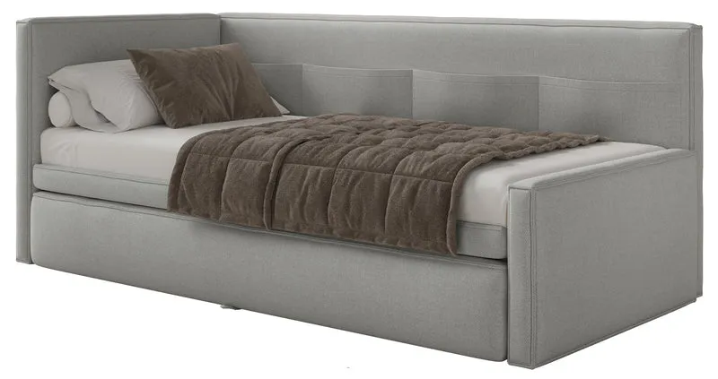Jugendbett 90x200 cm Nesmi linksseitig mit Matratze und Stauraum hellgrauer, pflegeleichter Chenillestoff