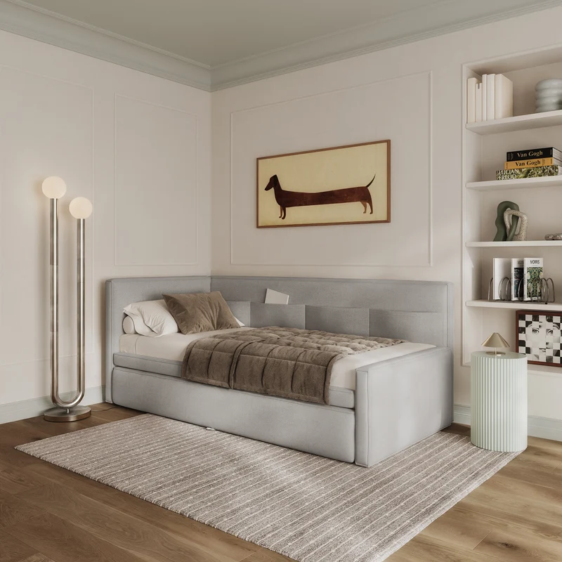 Jugendbett 90x200 cm Nesmi linksseitig mit Matratze und Stauraum hellgrauer, pflegeleichter Chenillestoff
