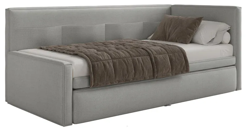 Jugendbett 90x200 cm Nesmi linksseitig mit Matratze und Stauraum hellgrauer, pflegeleichter Chenillestoff