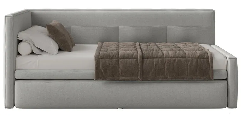 Jugendbett 90x200 cm Nesmi linksseitig mit Matratze und Stauraum hellgrauer, pflegeleichter Chenillestoff
