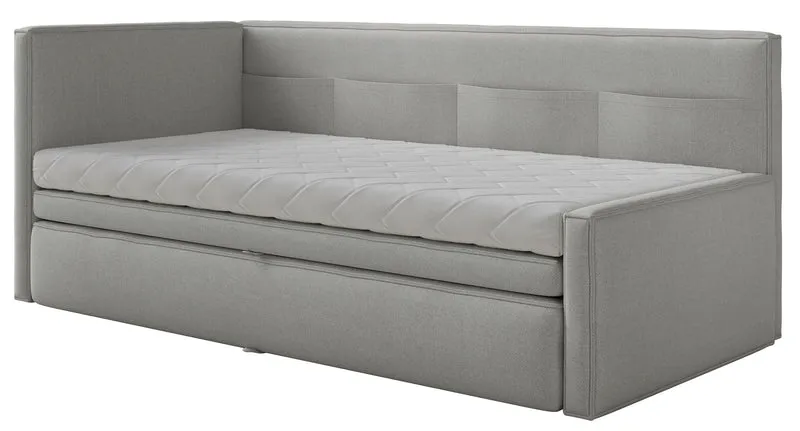 Jugendbett 90x200 cm Nesmi linksseitig mit Matratze und Stauraum hellgrauer, pflegeleichter Chenillestoff