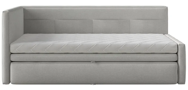 Jugendbett 90x200 cm Nesmi linksseitig mit Matratze und Stauraum hellgrauer, pflegeleichter Chenillestoff